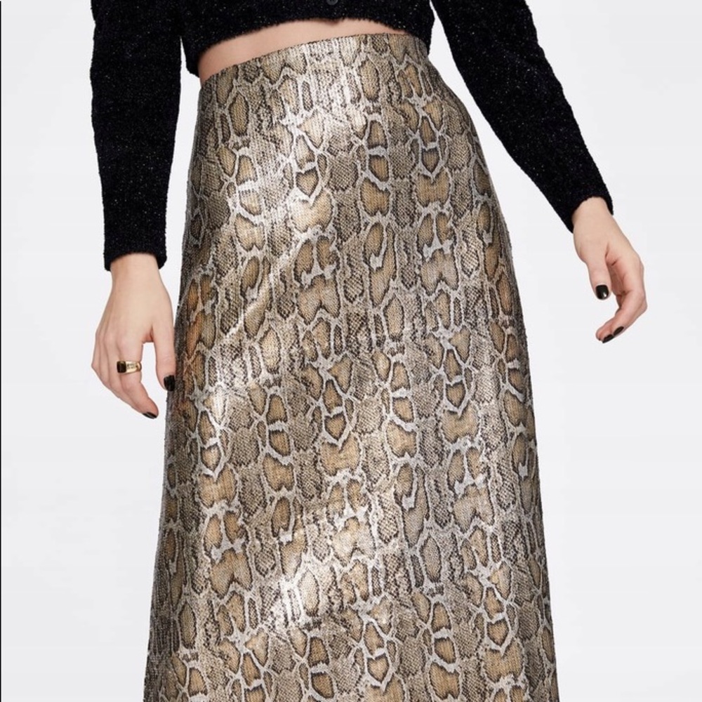 Zara Sequin Snake Print Midi A-Line Skirt Brown - image 3